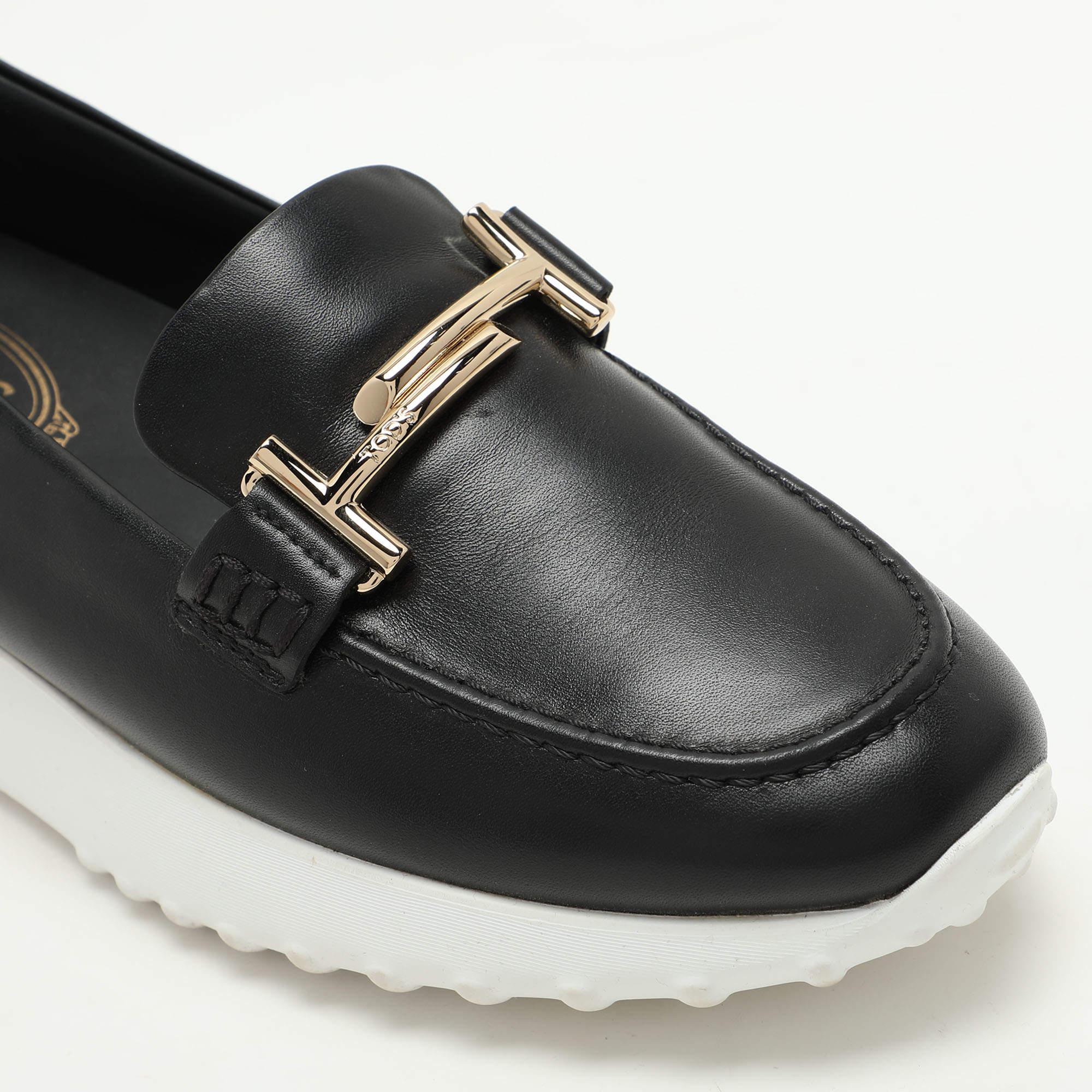 Tod's Black Leather Double T Slip On Loafers Size 38.5 For Sale 3