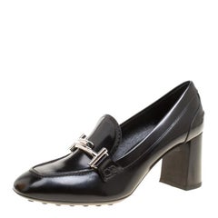Tod's Black Leather Gomma Maxi Double T Court Loafer Pumps Size 38