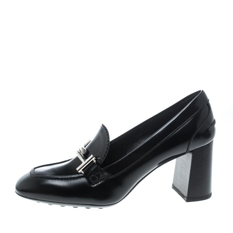 Women's Tod's Black Leather Gomma Maxi Double T Court Loafer Pumps Size 38.5