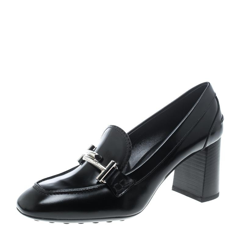 Tod's Black Leather Gomma Maxi Double T Court Loafer Pumps Size 38.5