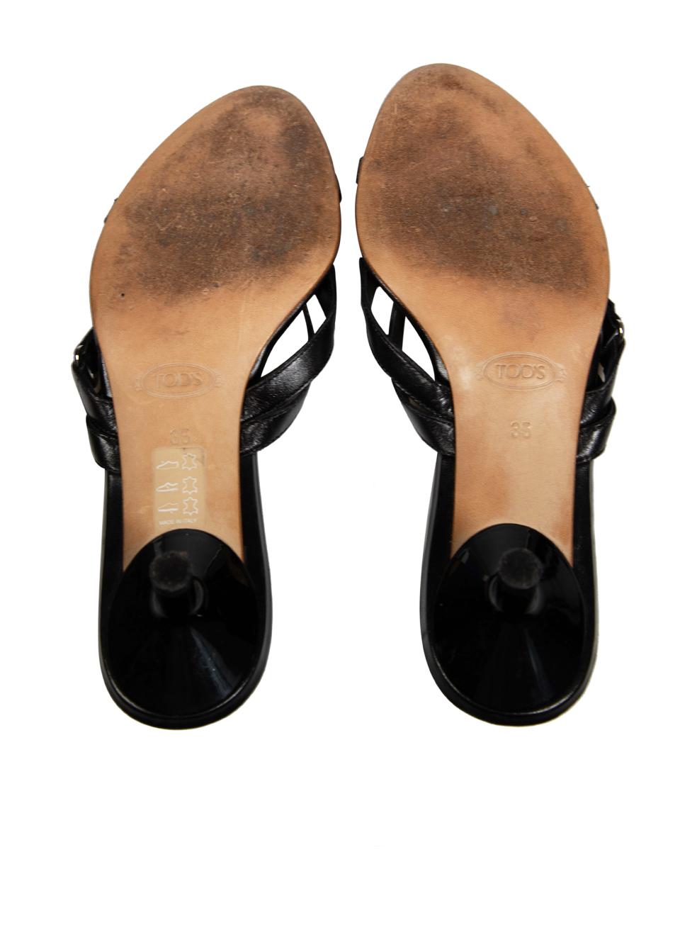 Women's Tod's Black Leather Kitten Heeled Sandals Size IT 35 For Sale
