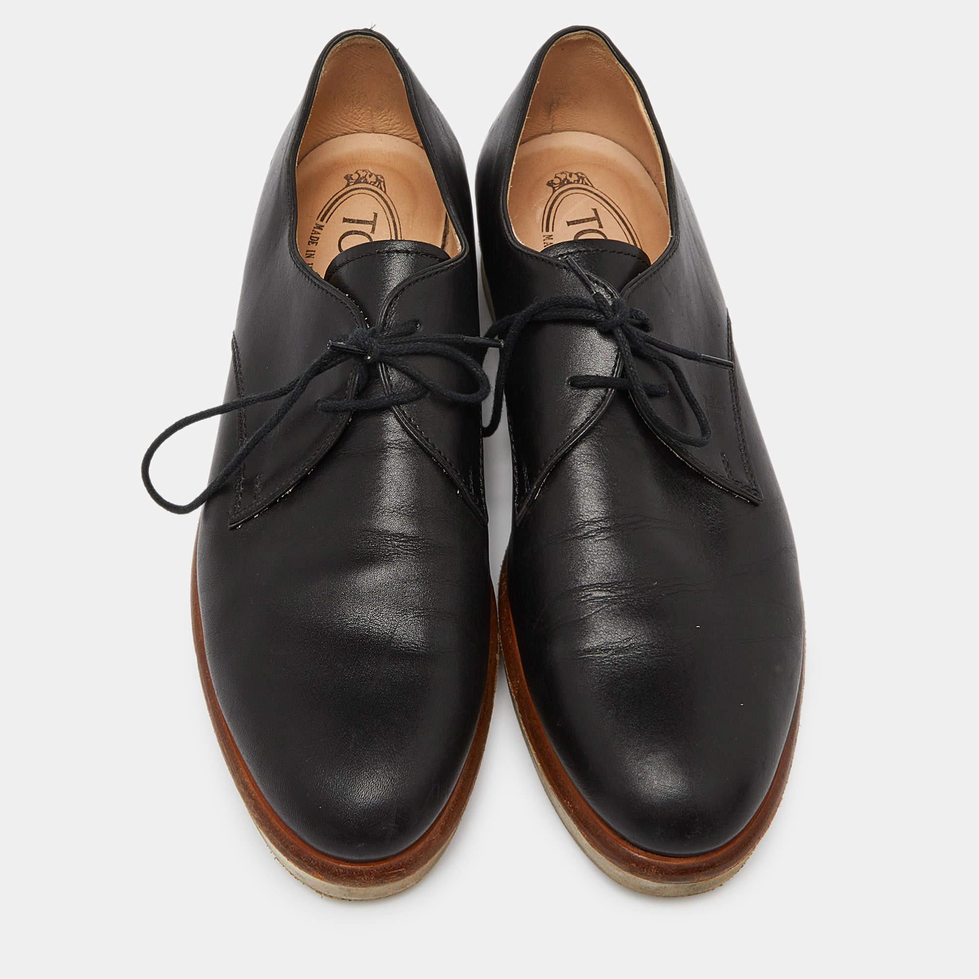 Tod's Black Leather Platform Oxfords Size 38 In Fair Condition For Sale In Dubai, Al Qouz 2