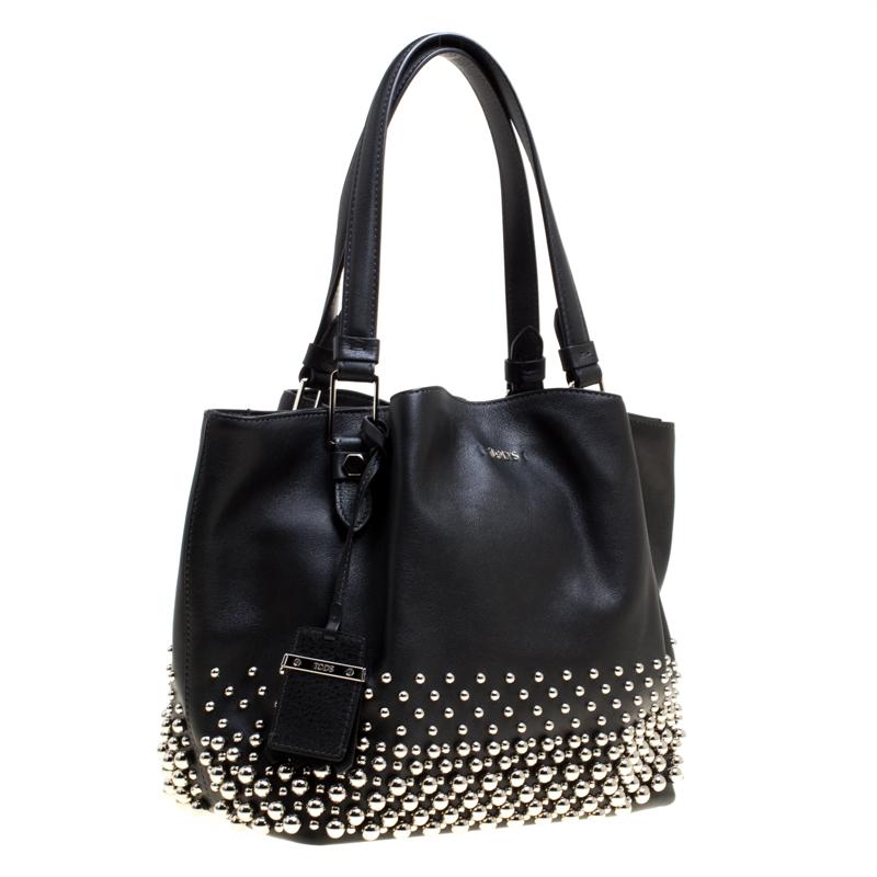 Women's Tod's Black Leather Small Flower Studded Shopper Tote