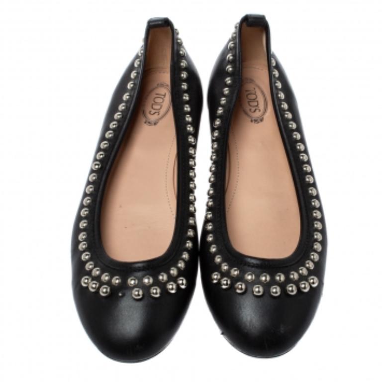Women's Tod's Black Leather Studded Ballet Flats Size 38.5 For Sale