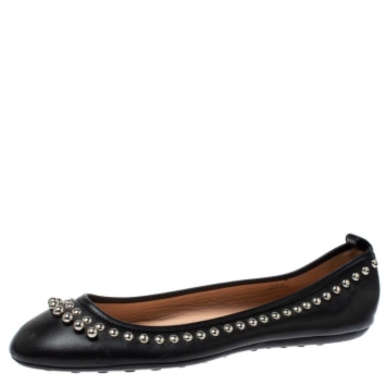 Tod's Black Leather Studded Ballet Flats Size 38.5 For Sale 1