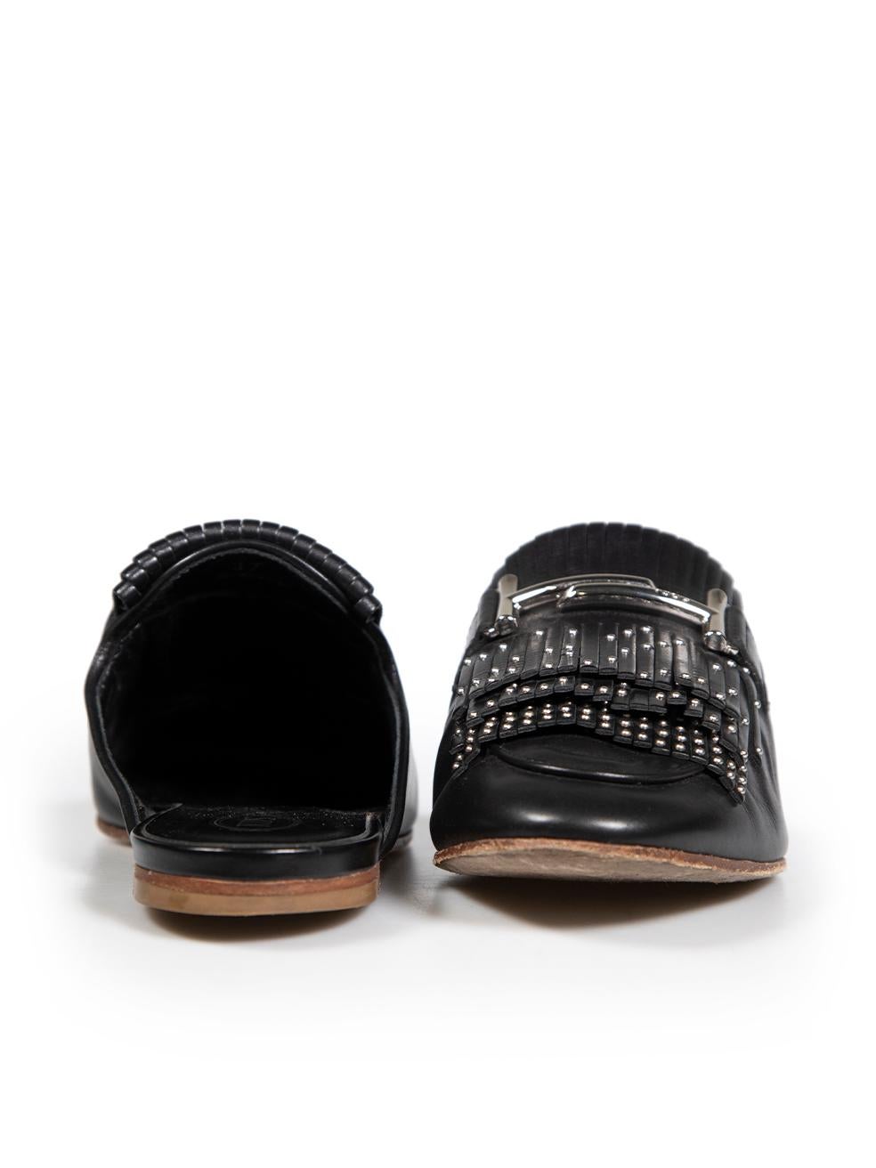 Tod's Black Leather Studded Fringed Mules Size IT 37 In Good Condition For Sale In London, GB
