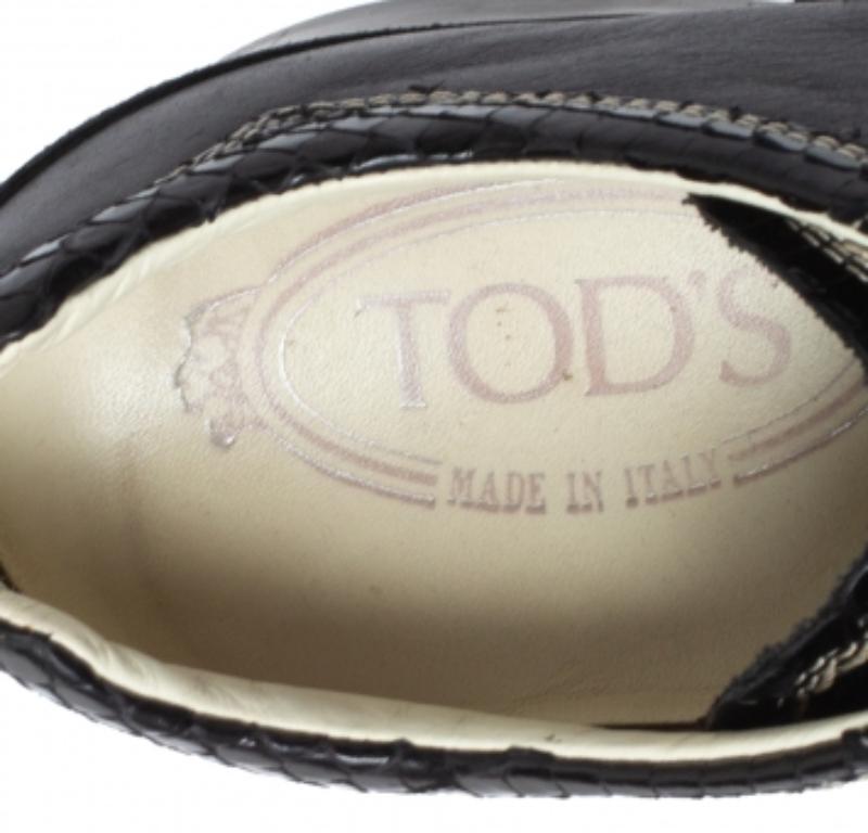 Women's Tod's Black Leather, Suede and Python Trim Lace Low Top Sneakers Size 36 For Sale