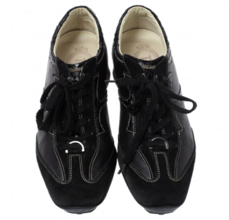 Tod's Black Leather, Suede and Python Trim Lace Low Top Sneakers Size 36 For Sale 1