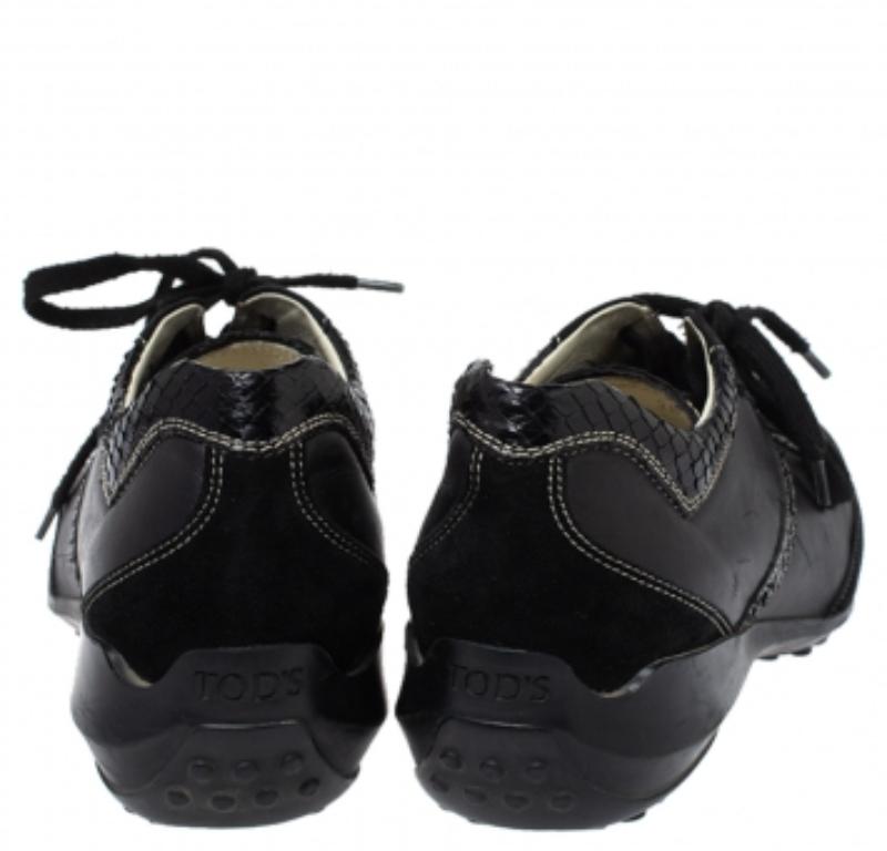 Tod's Black Leather, Suede and Python Trim Lace Low Top Sneakers Size 36 For Sale 2