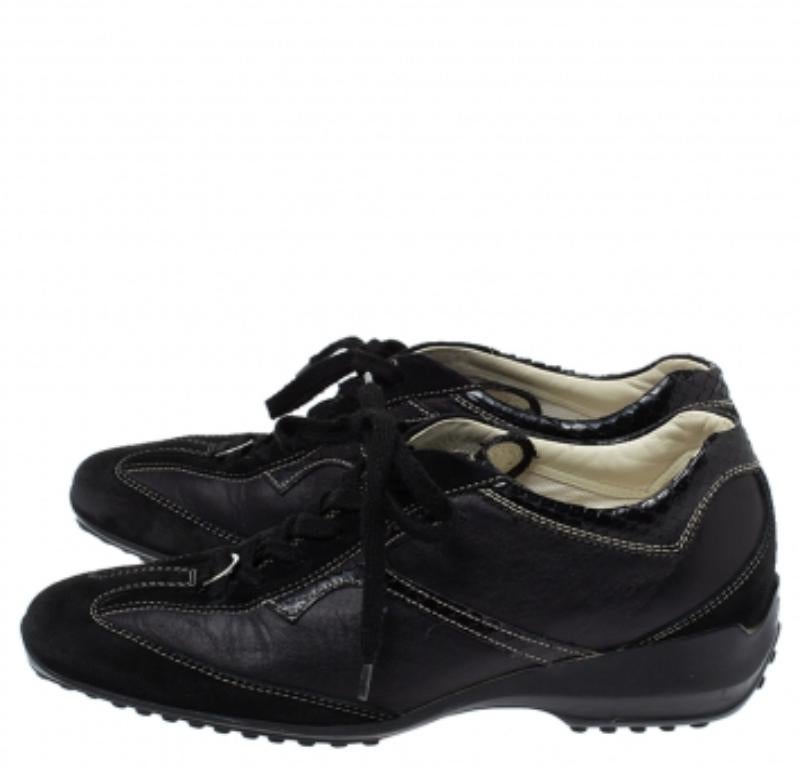 Tod's Black Leather, Suede and Python Trim Lace Low Top Sneakers Size 36 For Sale 3