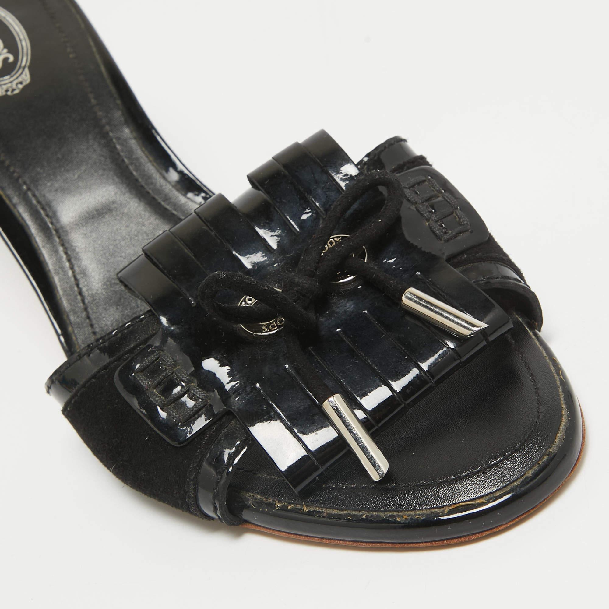 Tod's Sandalias negras de charol y ante con flecos talla 38.5 2