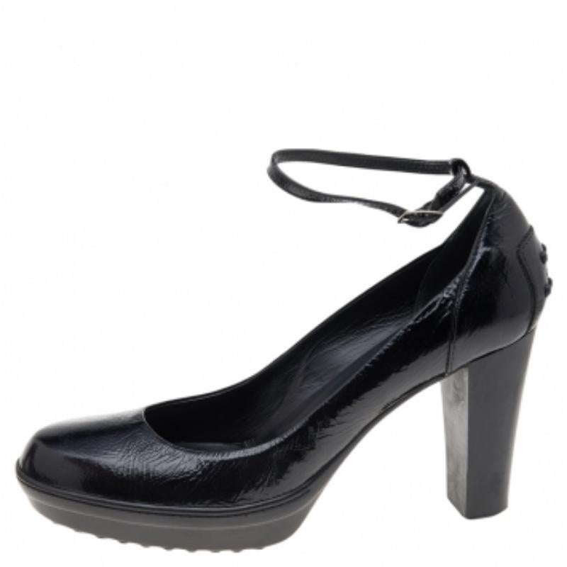 Tod's Black Patent Leather Ankle Strap Pumps Size 39 For Sale 1