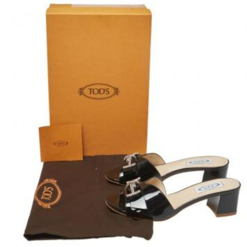 Tod's Black Patent Leather Double T Embellished Slide Sandals Size 36.5 For Sale 1