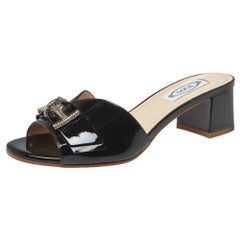 Tod's Black Patent Leather Double T Embellished Slide Sandals Size 36.5
