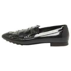 Tod
s Black Patent Leather Laser Cut Fringe Loafers Size 38.5