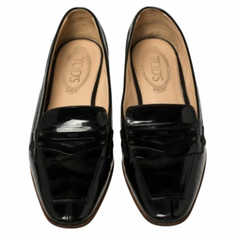 Tod's Black Patent Leather Penny Loafers Size 37 For Sale 1