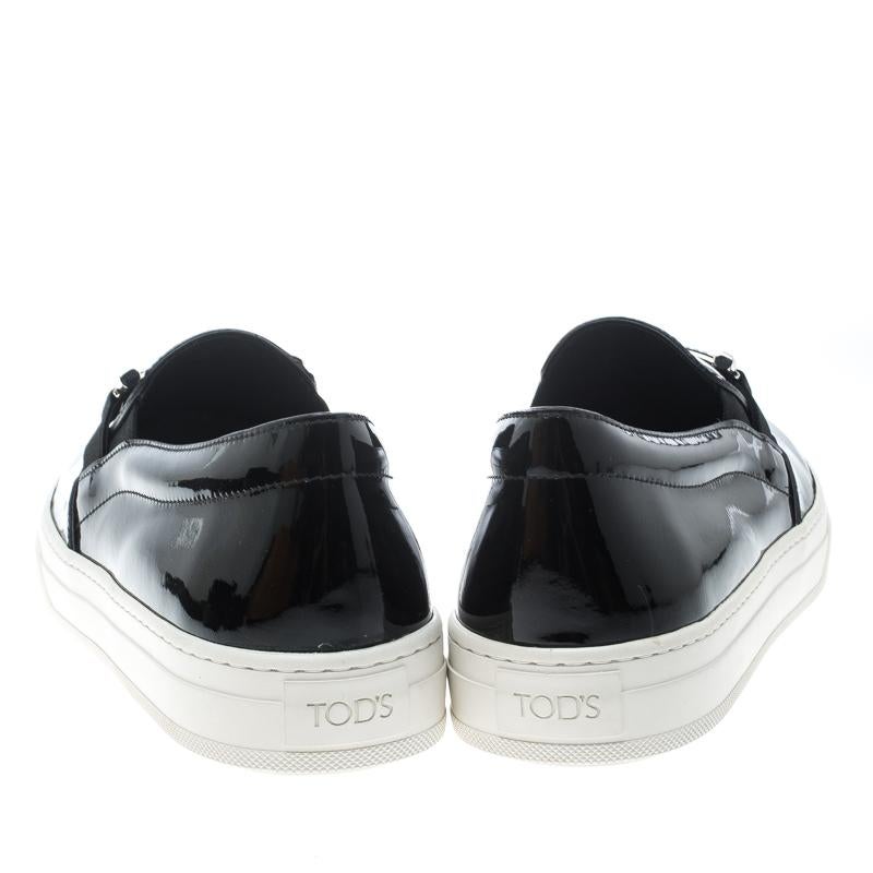 Tod's Black Patent Leather Sportivo Maxi Crystal Double T Slip On Sneakers Size  In New Condition In Dubai, Al Qouz 2