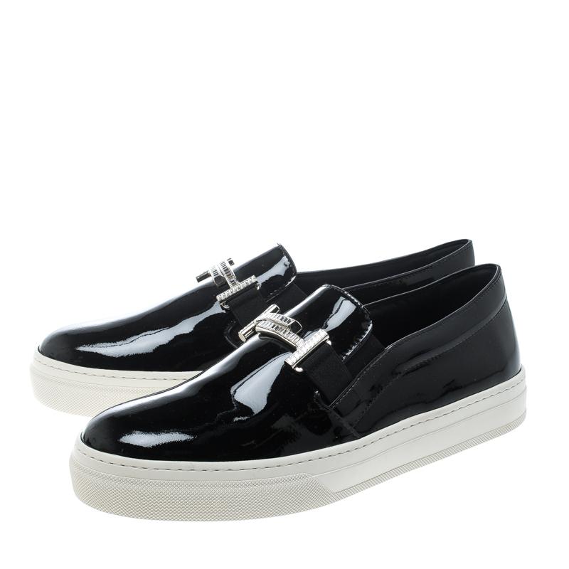 Tod's Black Patent Leather Sportivo Maxi Crystal Double T Slip On Sneakers Size  1