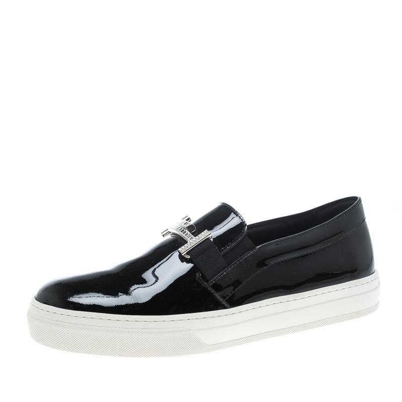 Tod's Black Patent Leather Sportivo Maxi Crystal Double T Slip On Sneakers Size 