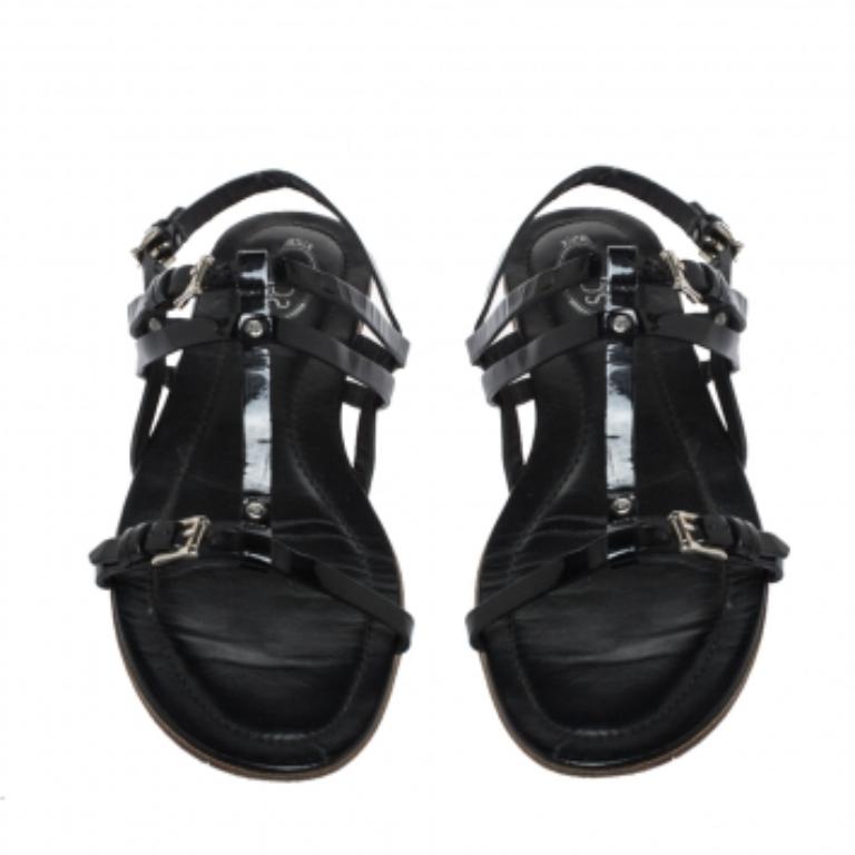 Tod's Black Patent Leather Strappy Buckle Detail Flat Sandals Size 37.5 For Sale 1