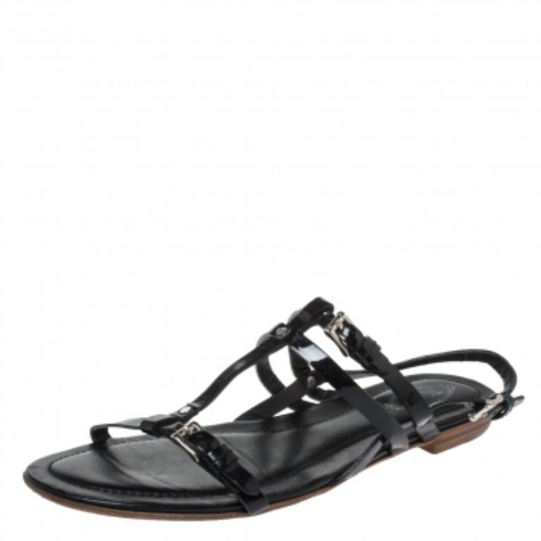 Tod's Black Patent Leather Strappy Buckle Detail Flat Sandals Size 37.5 For Sale 3