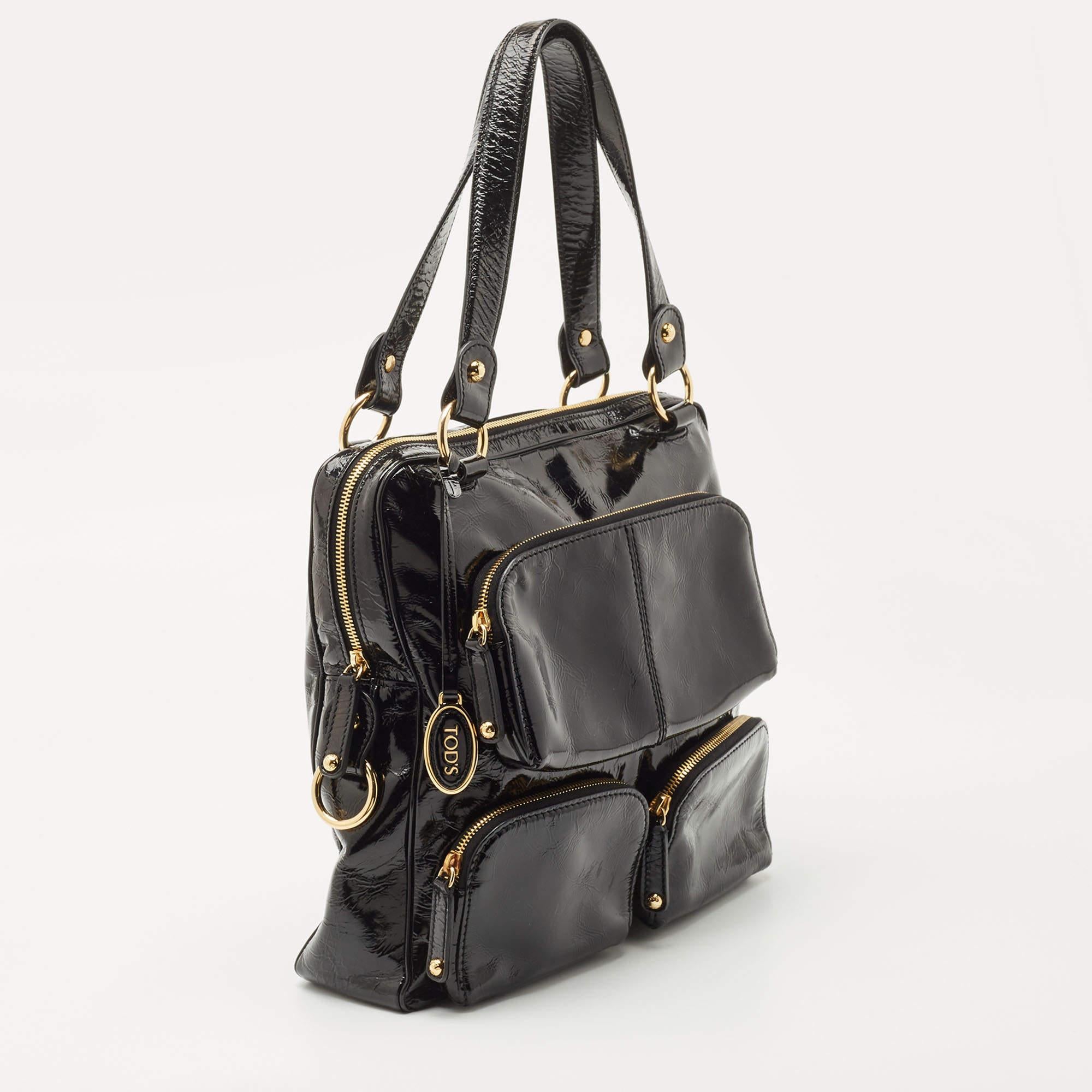 Women's or Men's Tod's Black Patent Leather T Bag Media Satchel