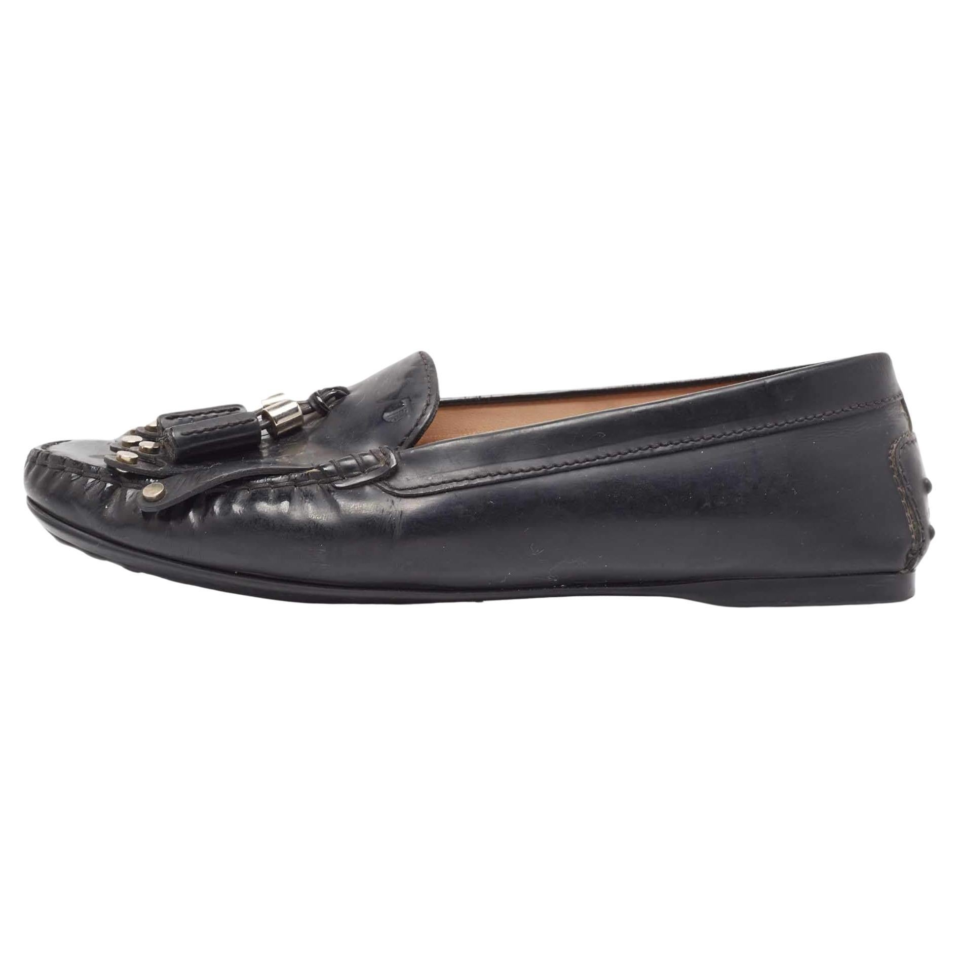Tod's - Mocassins à enfiler en cuir verni noir avec franges Taille 38.5