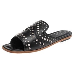 Tod
s Black Studded Leather Open Toe Flat Slides Size 40