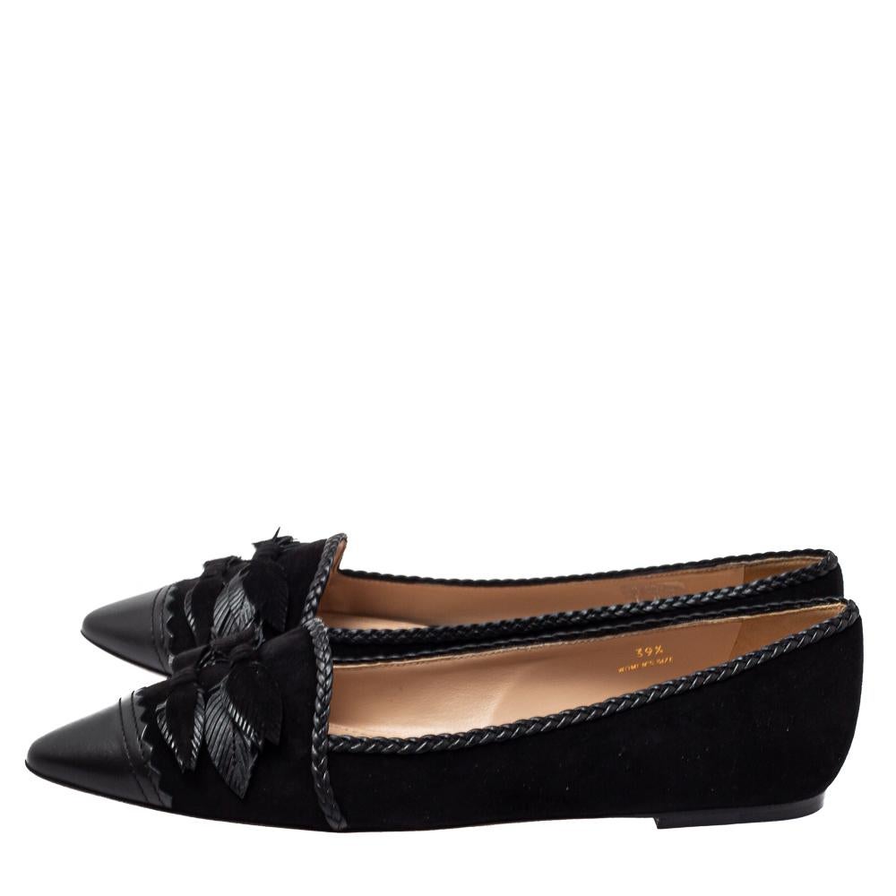 Tod's Black Suede And Leather Bow Embellished Pointed Toe Flats Size 39.5 In New Condition In Dubai, Al Qouz 2