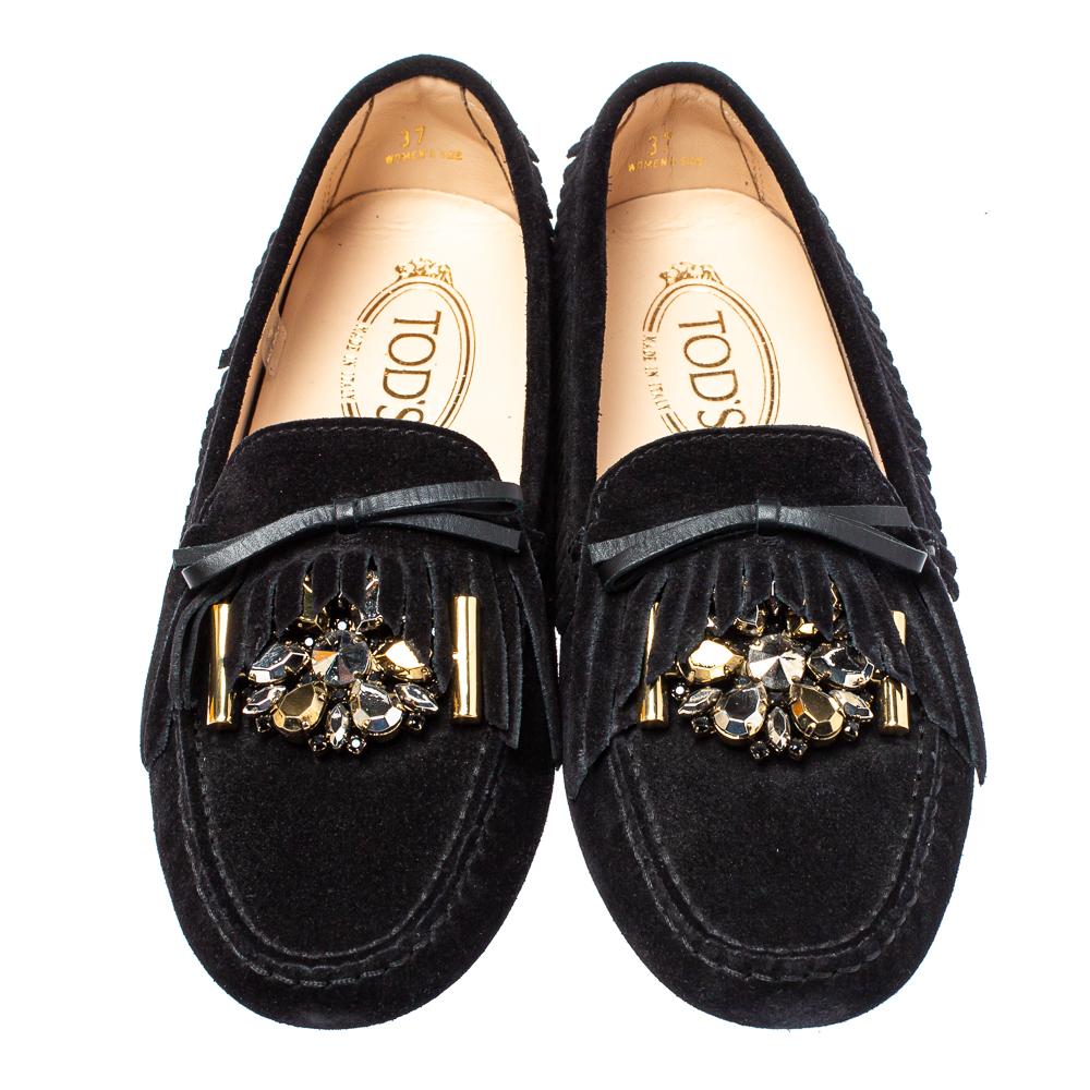 Tod's Black Suede Bow Fringe Embellished Slip On Loafers Size 37 1
