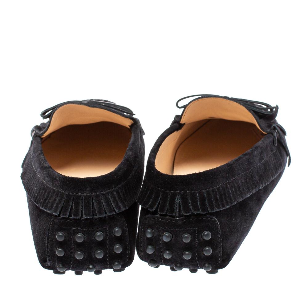 Tod's Black Suede Bow Fringe Embellished Slip On Loafers Size 37 2