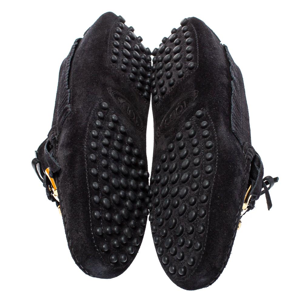 Tod's Black Suede Bow Fringe Embellished Slip On Loafers Size 37 3