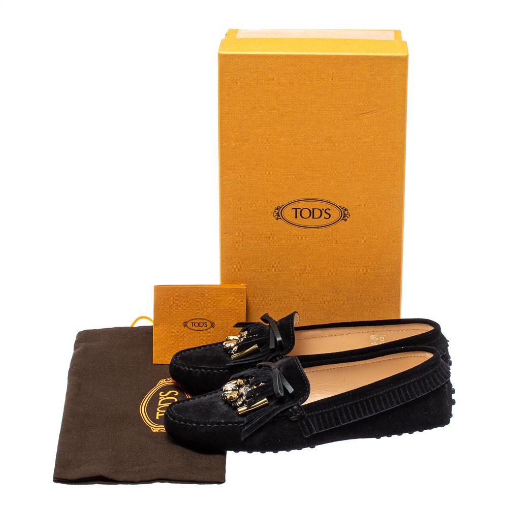 Tod's Black Suede Bow Fringe Embellished Slip On Loafers Size 37 4