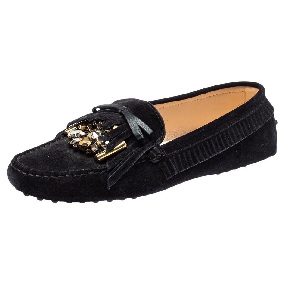 Tod's Black Suede Bow Fringe Embellished Slip On Loafers Size 37