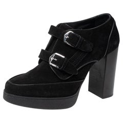 Tod's Black Suede Double Buckle Platform Ankle Booties Size 39