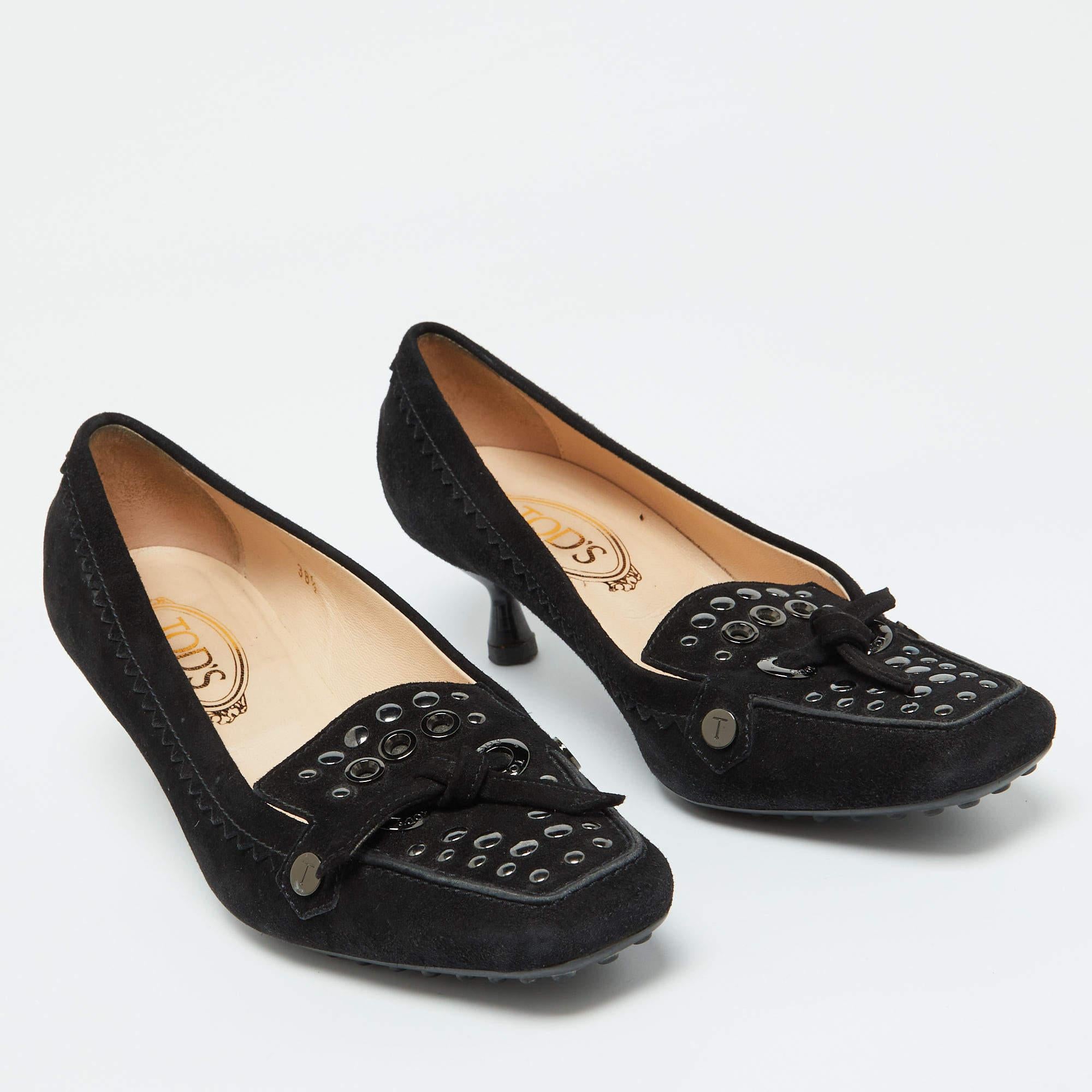 Women's Tod's Black Suede Studded Kitten Heel Loafer Pumps Size 38.5 For Sale