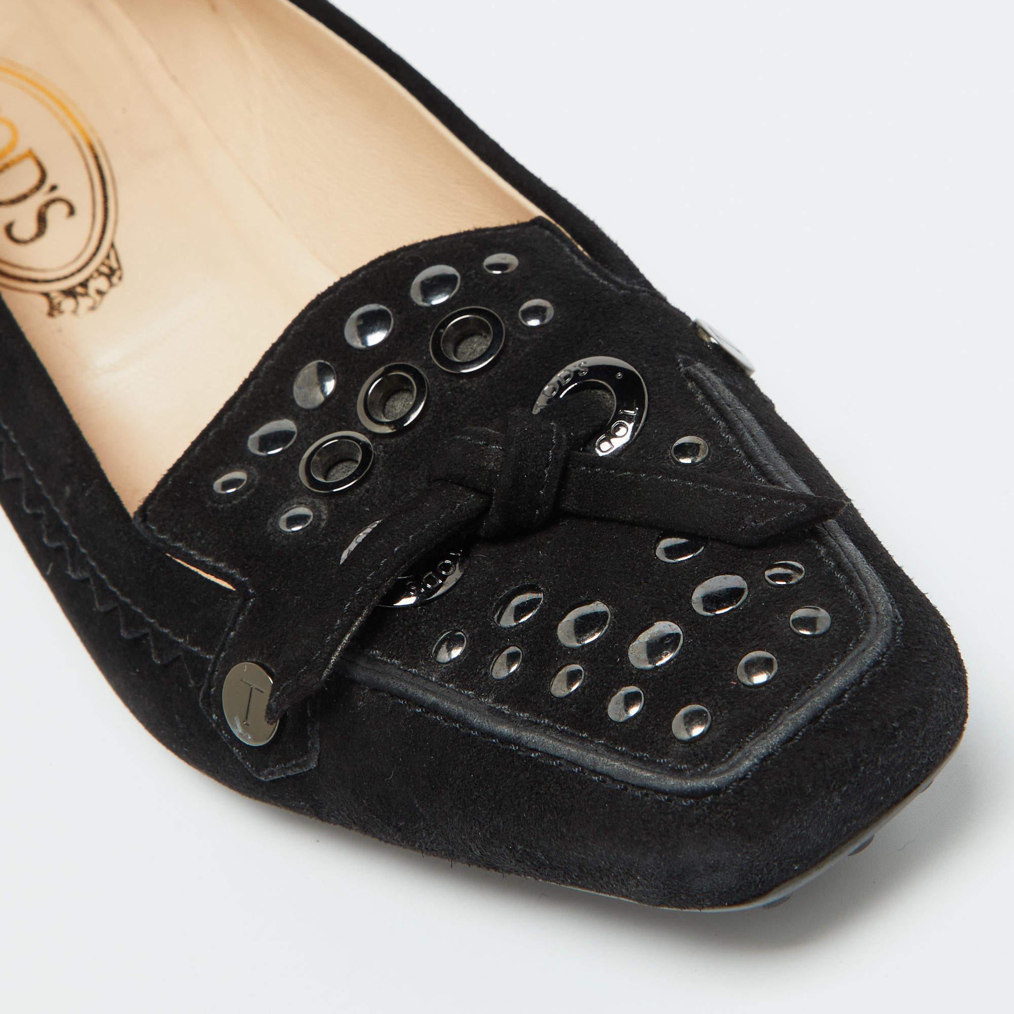 Tod's Black Suede Studded Kitten Heel Loafer Pumps Size 38.5 For Sale 4