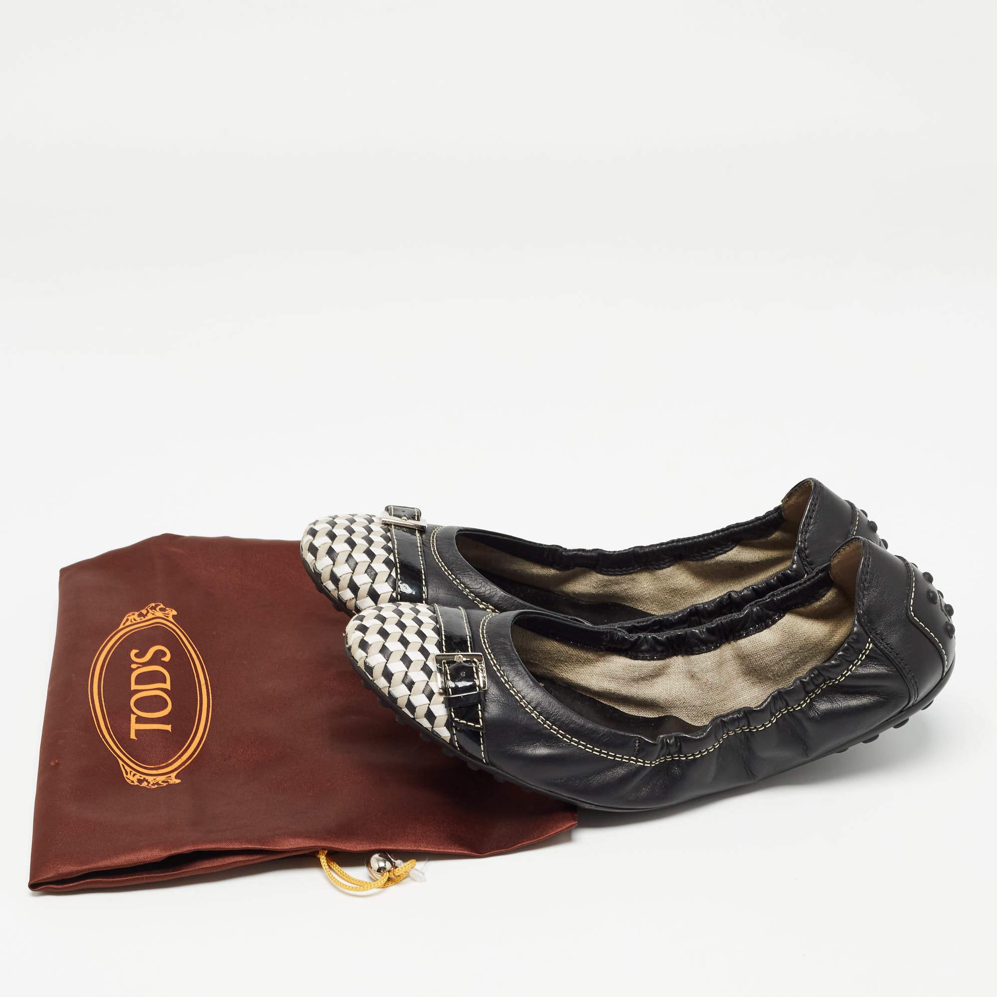 Tod's Black/White Leather Bow Detail Scrunch Ballet Flats  Size 37.5 For Sale 5