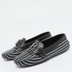 Tod's Black/White Striped Leather Embellished Slip On Loafers Size 37