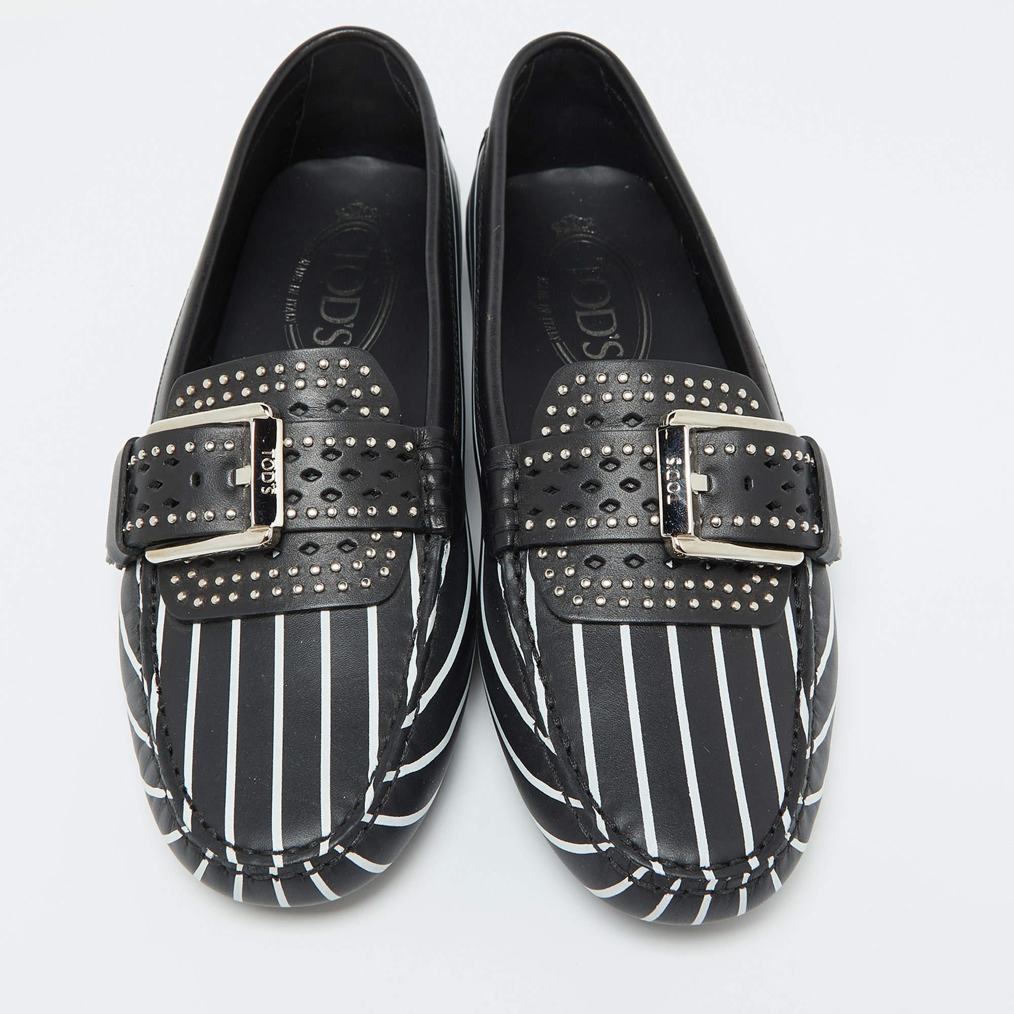 Tod's Black/White Striped Leather Embellished Slip On Loafers Size 37 In New Condition For Sale In Dubai, Al Qouz 2