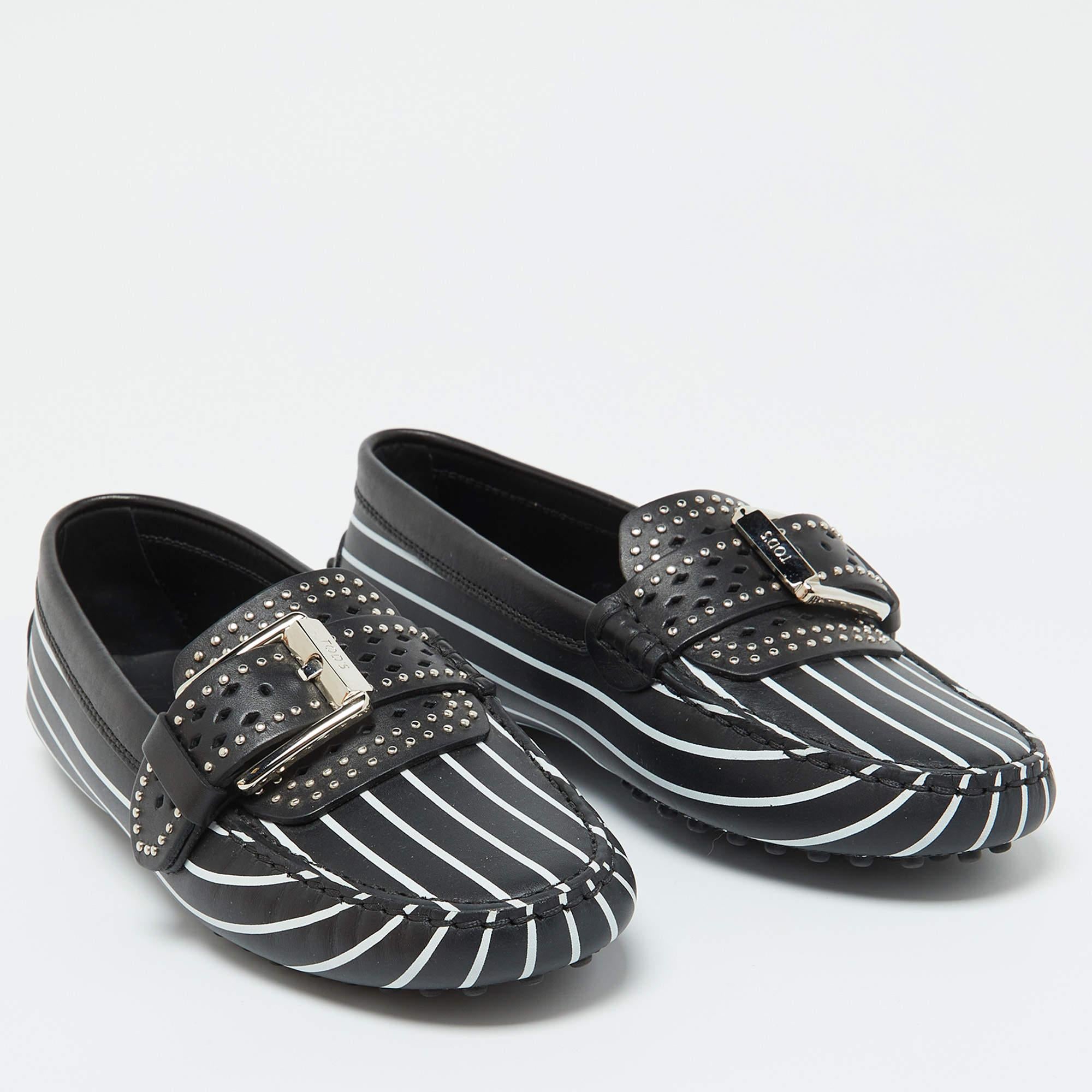 Women's Tod's Black/White Striped Leather Embellished Slip On Loafers Size 37 For Sale