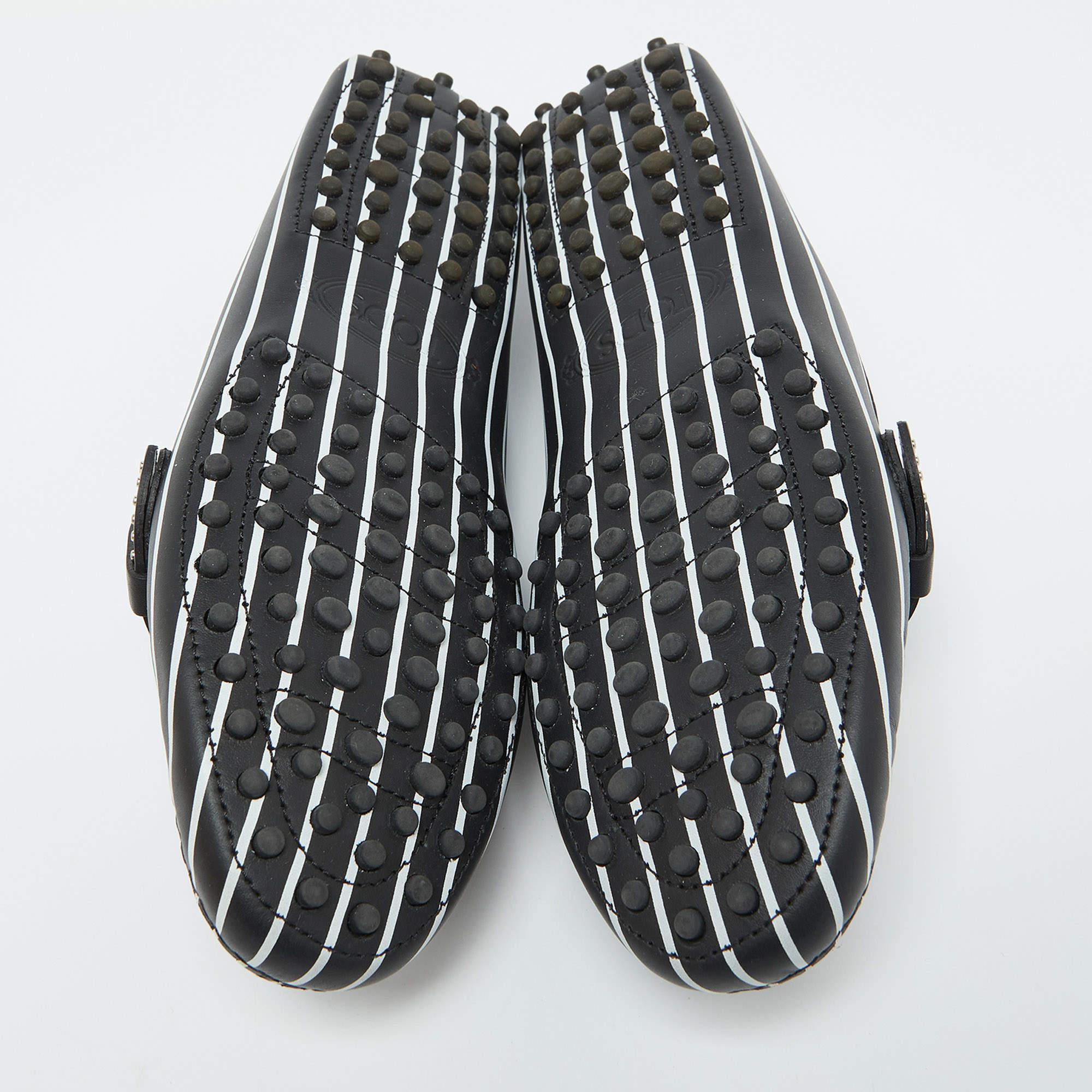 Tod's Black/White Striped Leather Embellished Slip On Loafers Size 37 For Sale 2