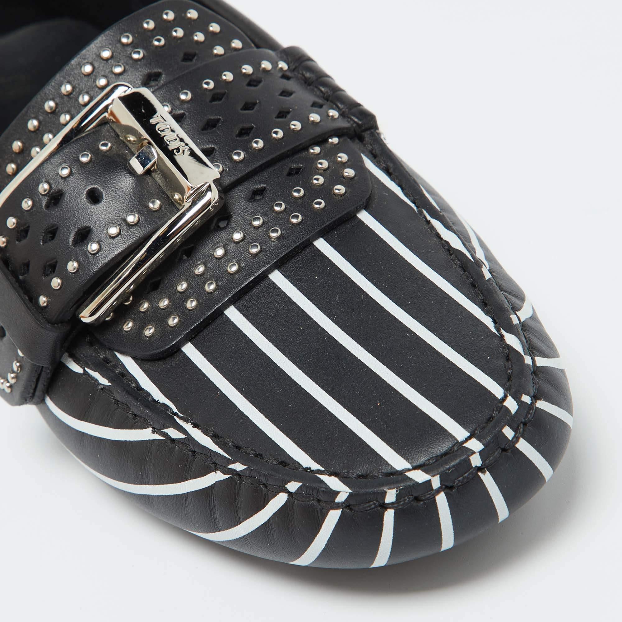 Tod's Black/White Striped Leather Embellished Slip On Loafers Size 37 For Sale 3
