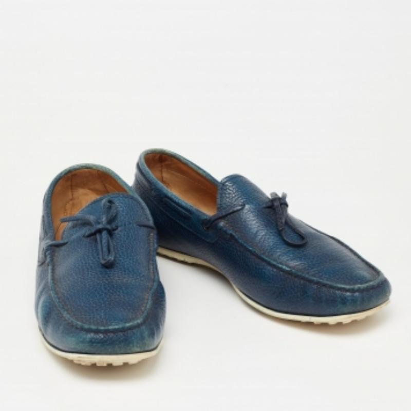 Gray Tod's Blue Leather Bow Slip-On Loafers Size 42.5 For Sale