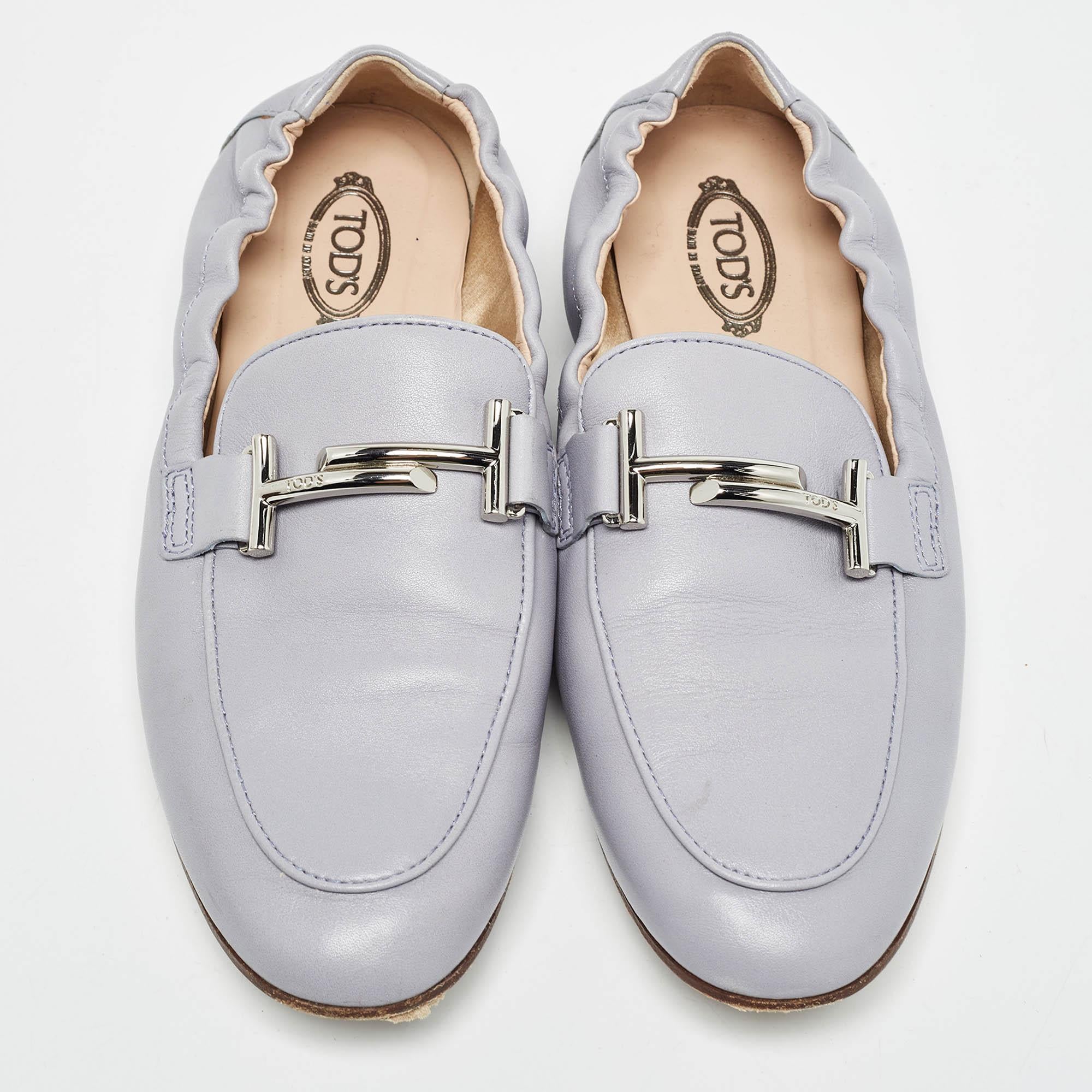 Gray Tod's Blue Leather Double T Loafers 37.5 For Sale