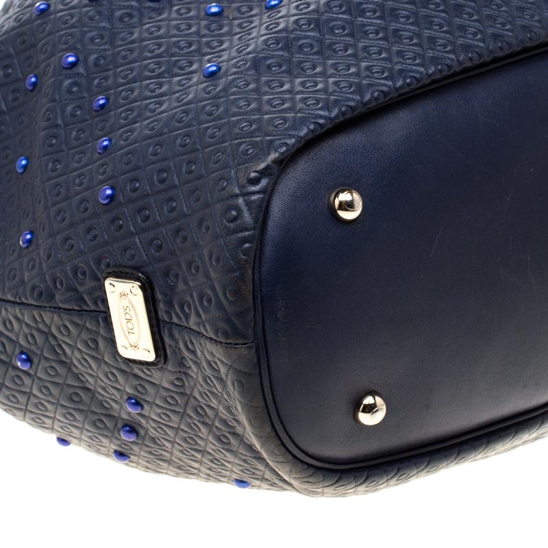 Tod's Blue Leather Embossed Studded Drawstring Tote 5