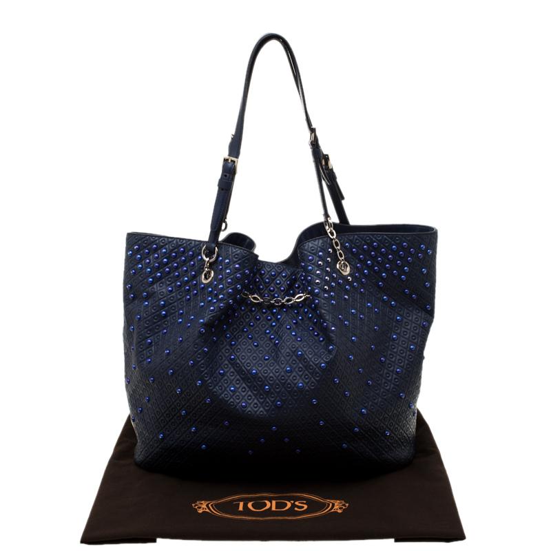 Tod's Blue Leather Embossed Studded Drawstring Tote 7