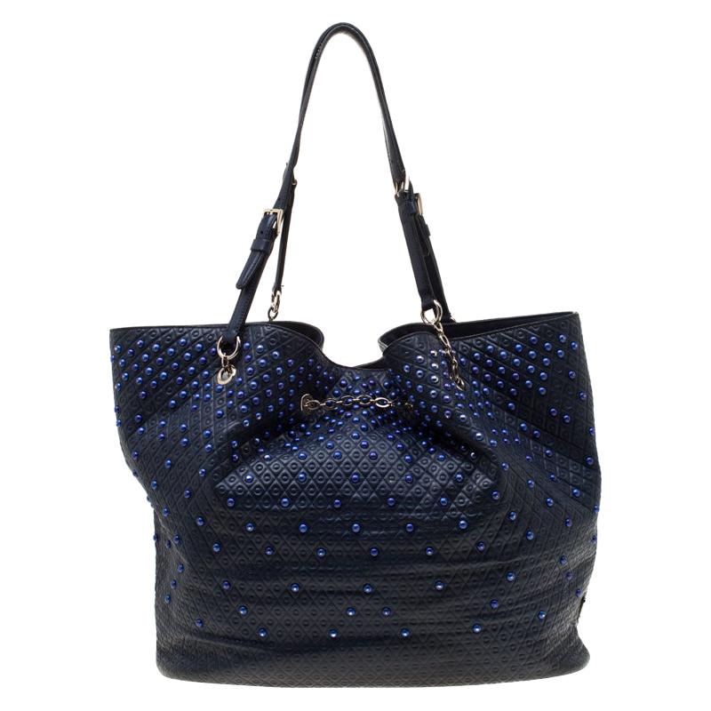 Tod's Blue Leather Embossed Studded Drawstring Tote
