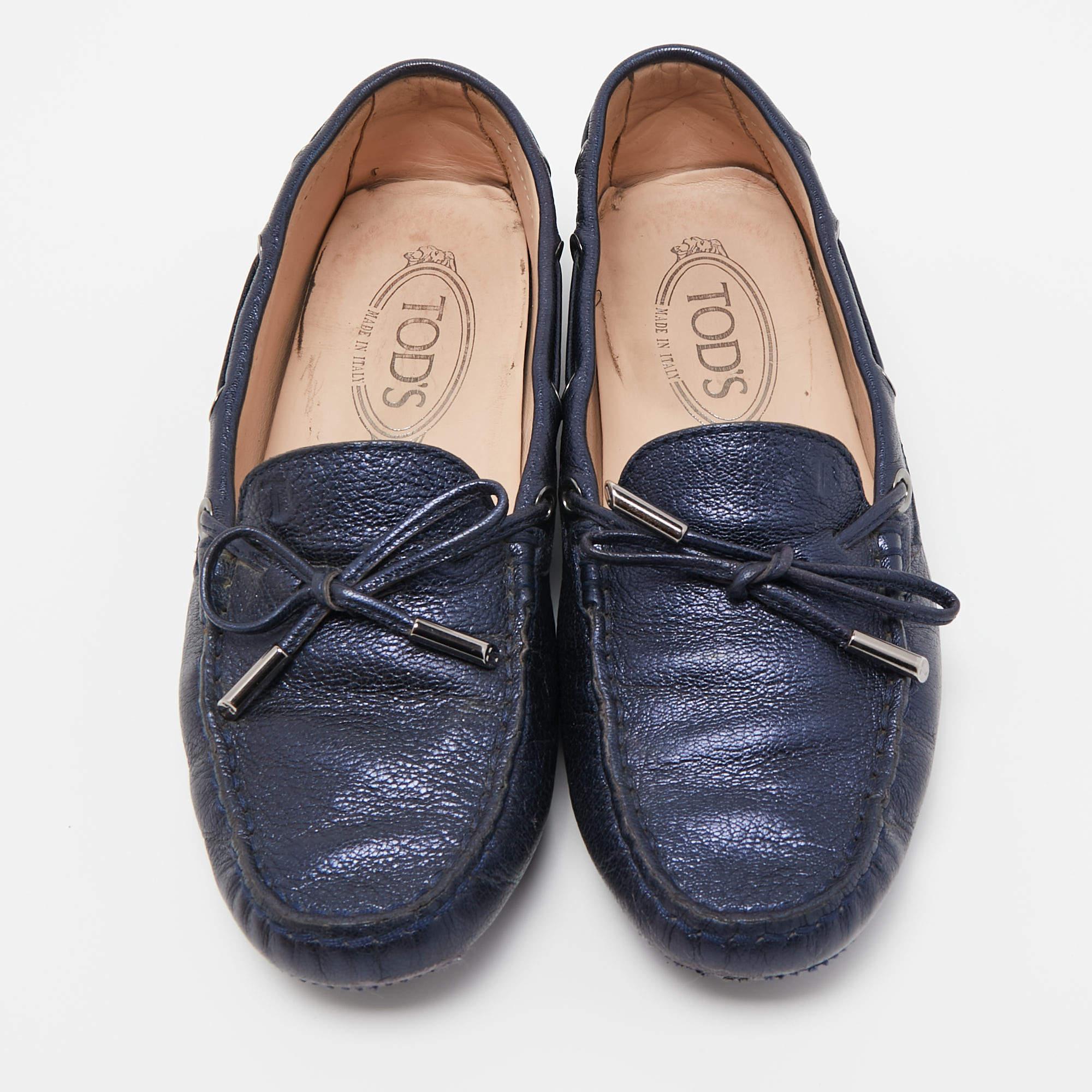 Black Tod's Blue Leather Gommino Bow Slip On Loafers Size 36.5 For Sale