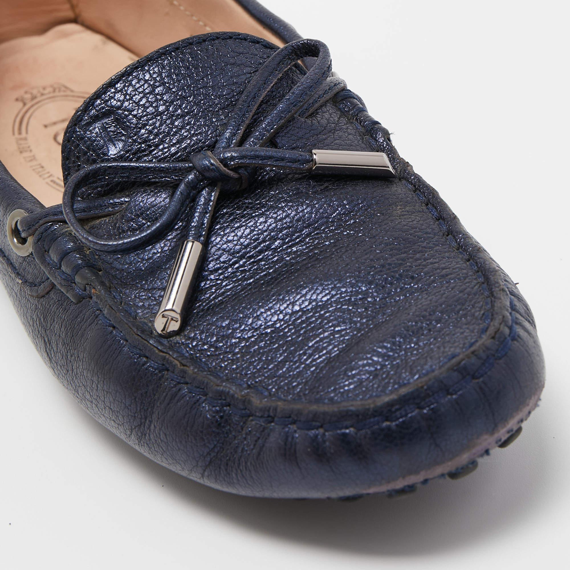 Tod's Blue Leather Gommino Bow Slip On Loafers Size 36.5 For Sale 2